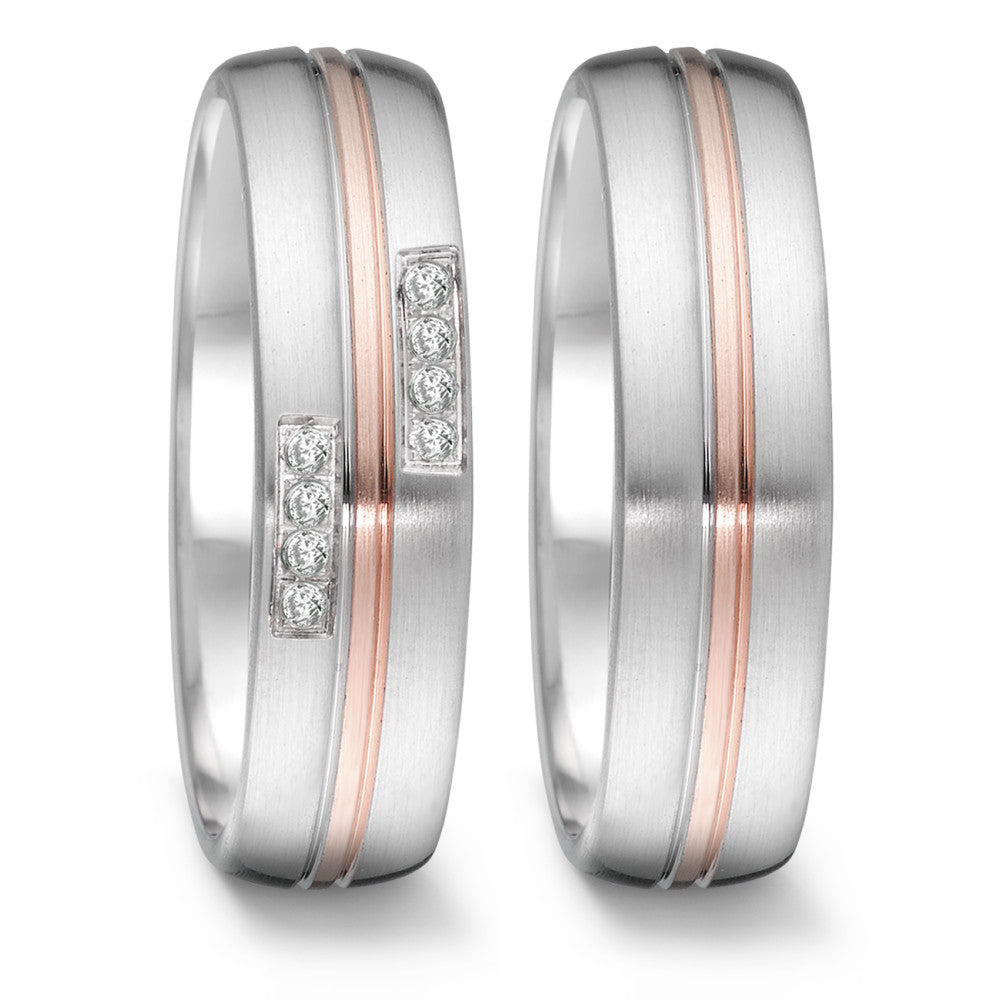 Partnerring Edelstahl mit 750/18 K Roségold und 0.064 ct Diamanten, 6 x 2 mm