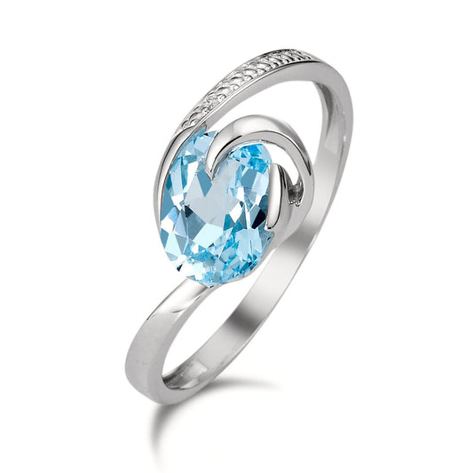 Fingerring 750/18 K Weissgold Topas blau, oval, Diamant weiss, 0.005 ct, w-si