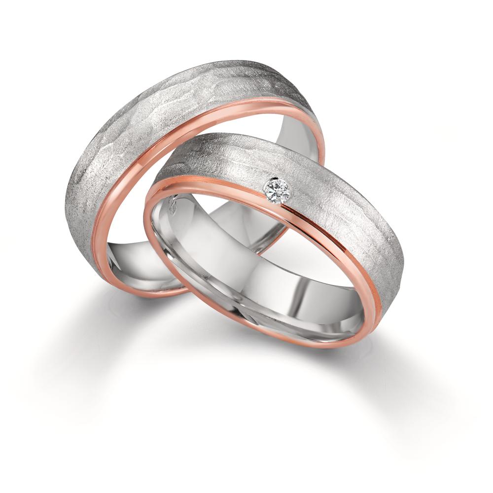 Partnerring Silber, 585/14 K Rosegold Diamant 0.025 ct, w-si rhodiniert