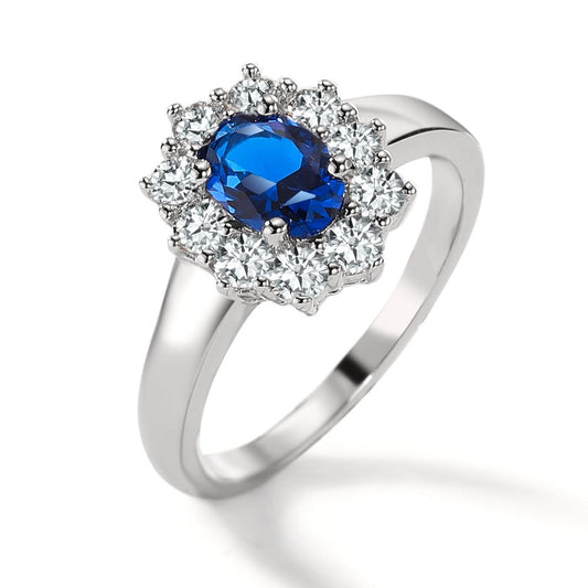 Ring Zilver Zirkonia blauw, [oval], Zirkonia wit, 10 Steen Gerhodineerd