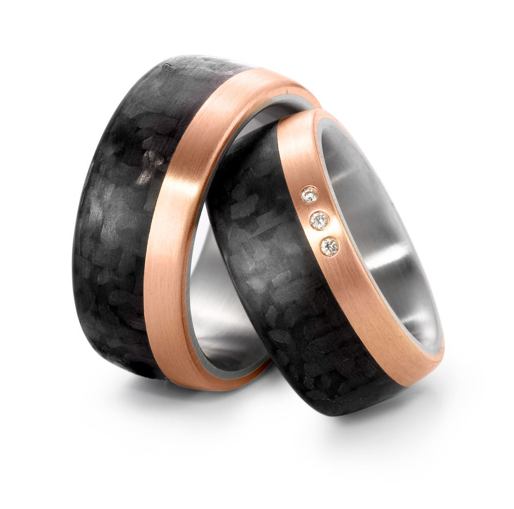 Partnerring Edelstahl, 750/18 K Rosegold, Carbon Diamant 0.03 ct, 3 Steine, w-si