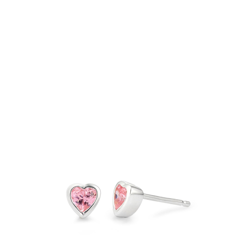 Clous d'oreilles Argent Zircone rose, 2 Pierres Argenté Coeur