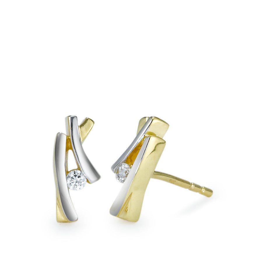 Clous d'oreilles Or jaune 9K, Or blanc 9K Zircone blanc, 2 Pierres