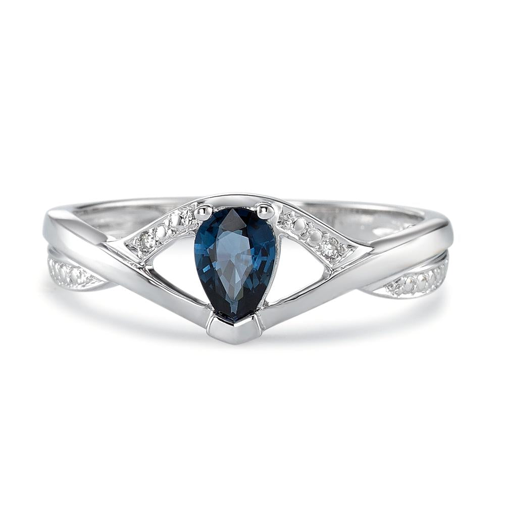 Bague Or blanc 18K Saphir bleu, goutte, Diamant 0.01 ct, 2 Pierres