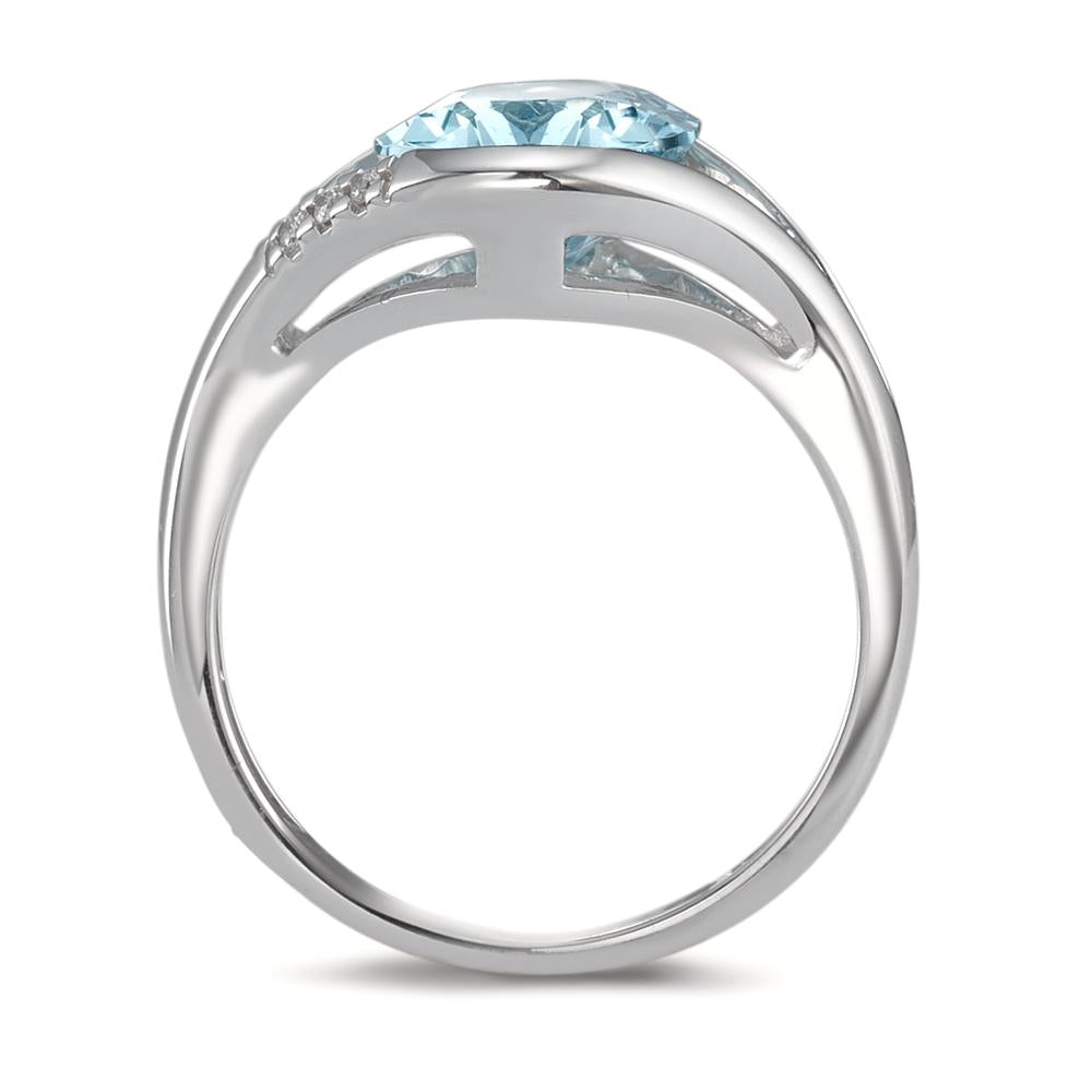 Fingerring 750/18 K Weissgold Topas blau, Diamant 0.015 ct, 3 Steine, Brillantschliff, w-si