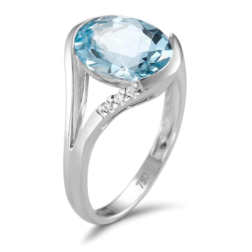 Bague Or blanc 18K Topaze bleu, Diamant 0.015 ct, 3 Pierres, brillant, w-si