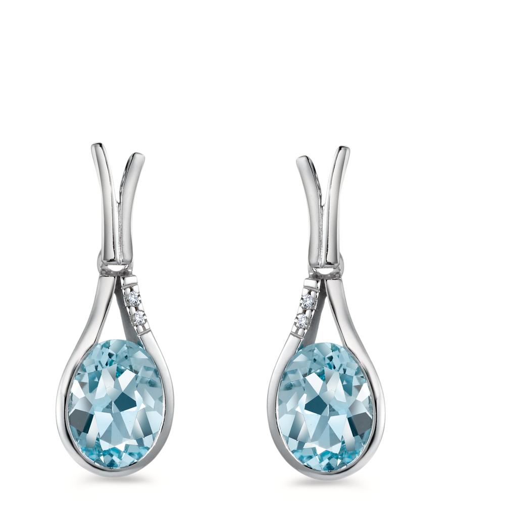 Pendant d'oreilles Or blanc 18K Topaze bleu, 2 Pierres, ovale, Diamant blanc, 0.016 ct, 2 Pierres, brillant, w-si