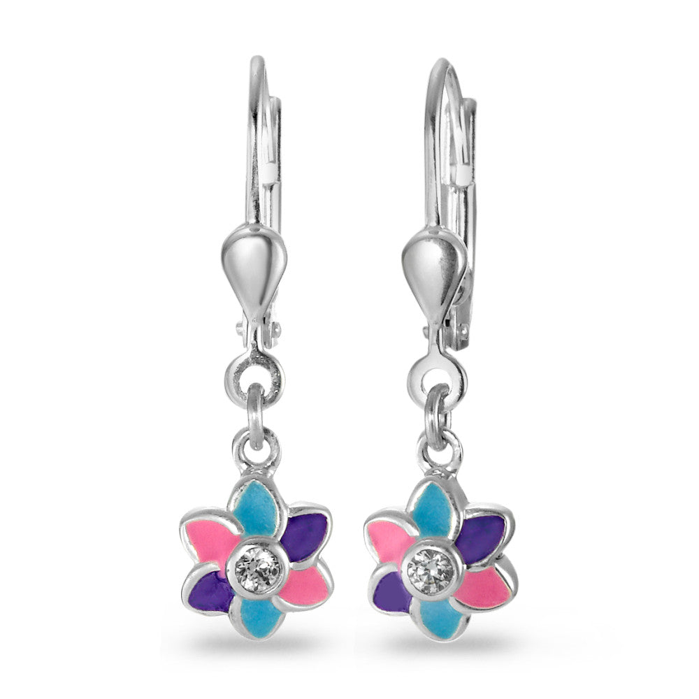 Pendant d'oreilles Argent Zircone 2 Pierres Laqué Fleur