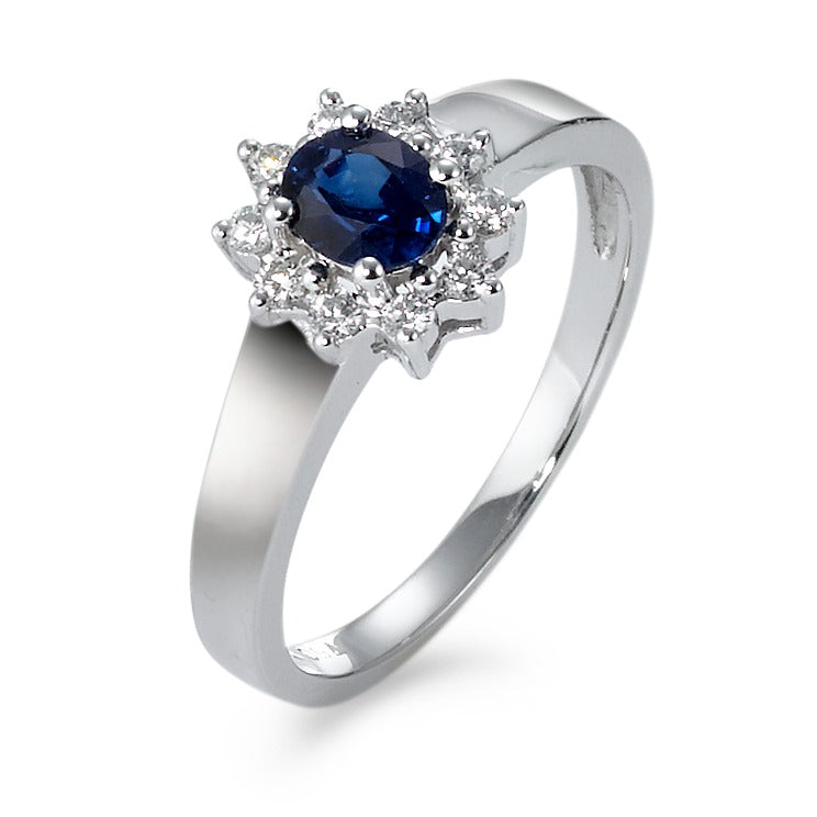 Ring 750/18K krt witgoud Saffier blauw, [oval], Diamant wit, 0.14 ct, 10 Steen, w-si