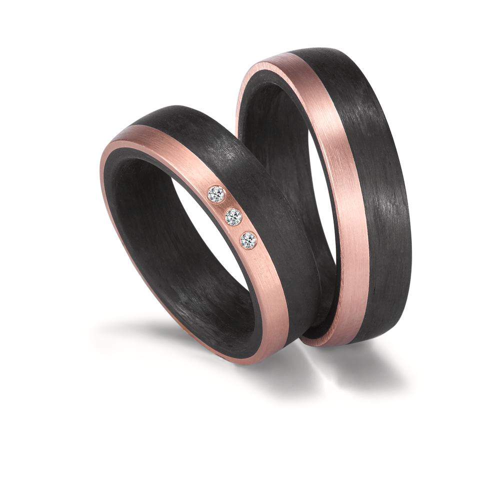 Partnerring 585/14 K Rosegold, Carbon Diamant 0.03 ct, 3 Steine, w-si