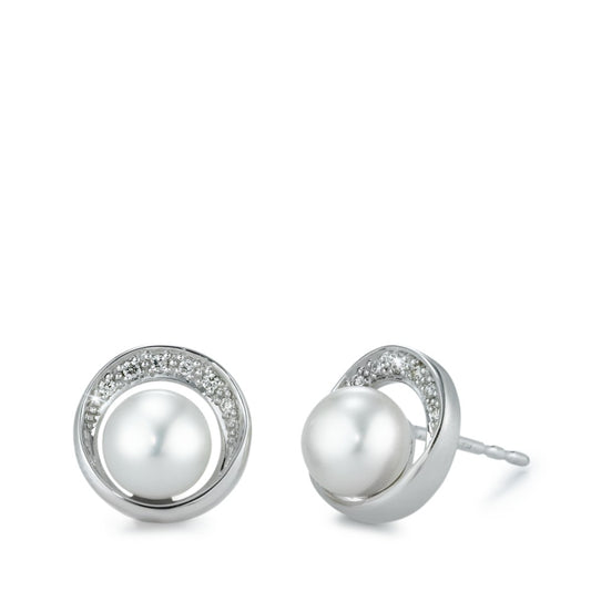 Clous d'oreilles Or blanc 18K Diamant 0.06 ct, 12 Pierres, brillant, w-si perle d'eau douce Ø10 mm