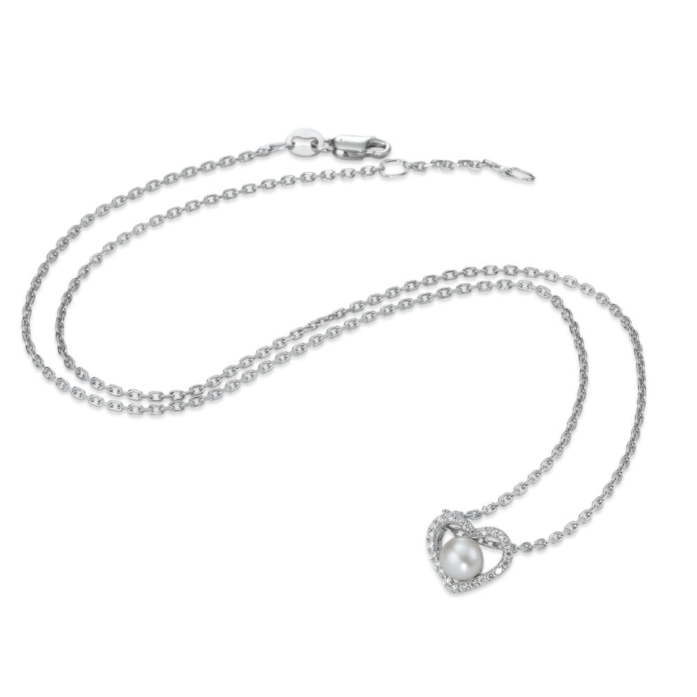 Chaînette avec pendentif Argent Zircone 25 Pierres Rhodié perle d'eau douce Coeur 40-42 cm Ø10 mm