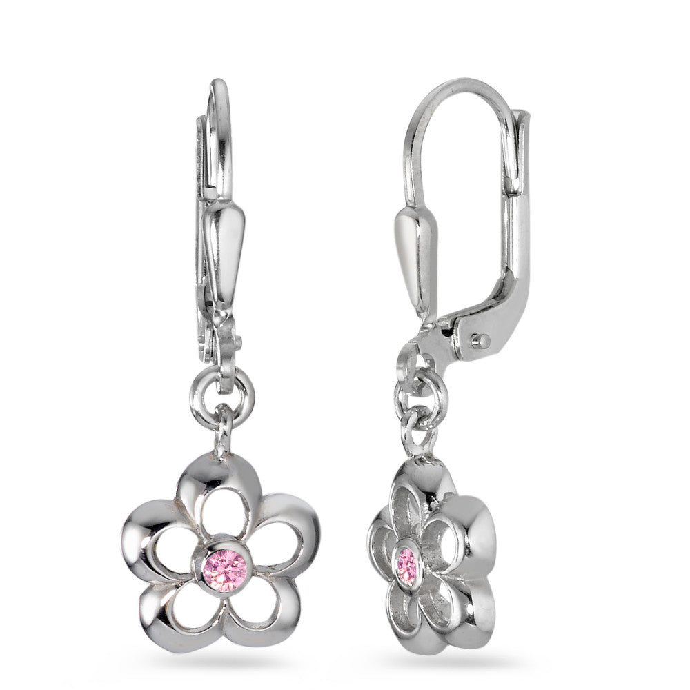 Pendant d'oreilles Argent Zircone rose, 2 Pierres Rhodié Fleur Ø9 mm