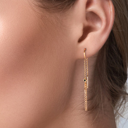 Boucles d'oreilles pendantes Bronze Zircone noir, 2 Pierres plaqués or 3 microns