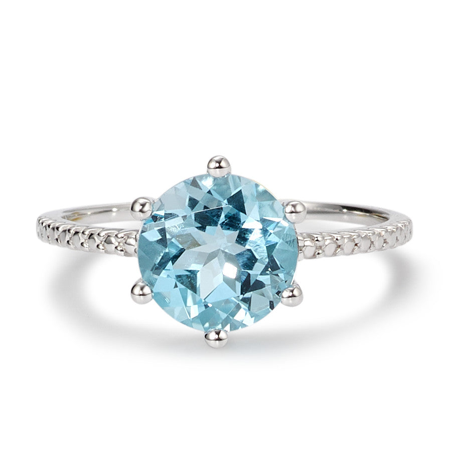 Bague solitaire Or blanc 9K Topaze bleu Ø9 mm