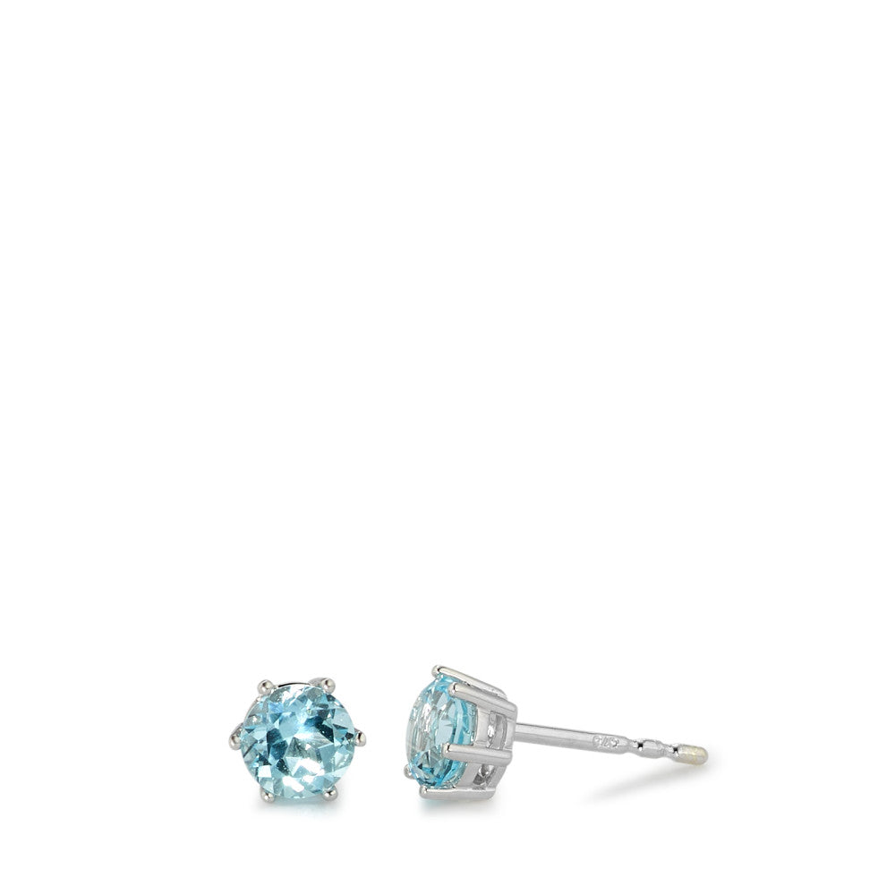 Clous d'oreilles Or blanc 9K Topaze bleu, 2 Pierres Ø5 mm