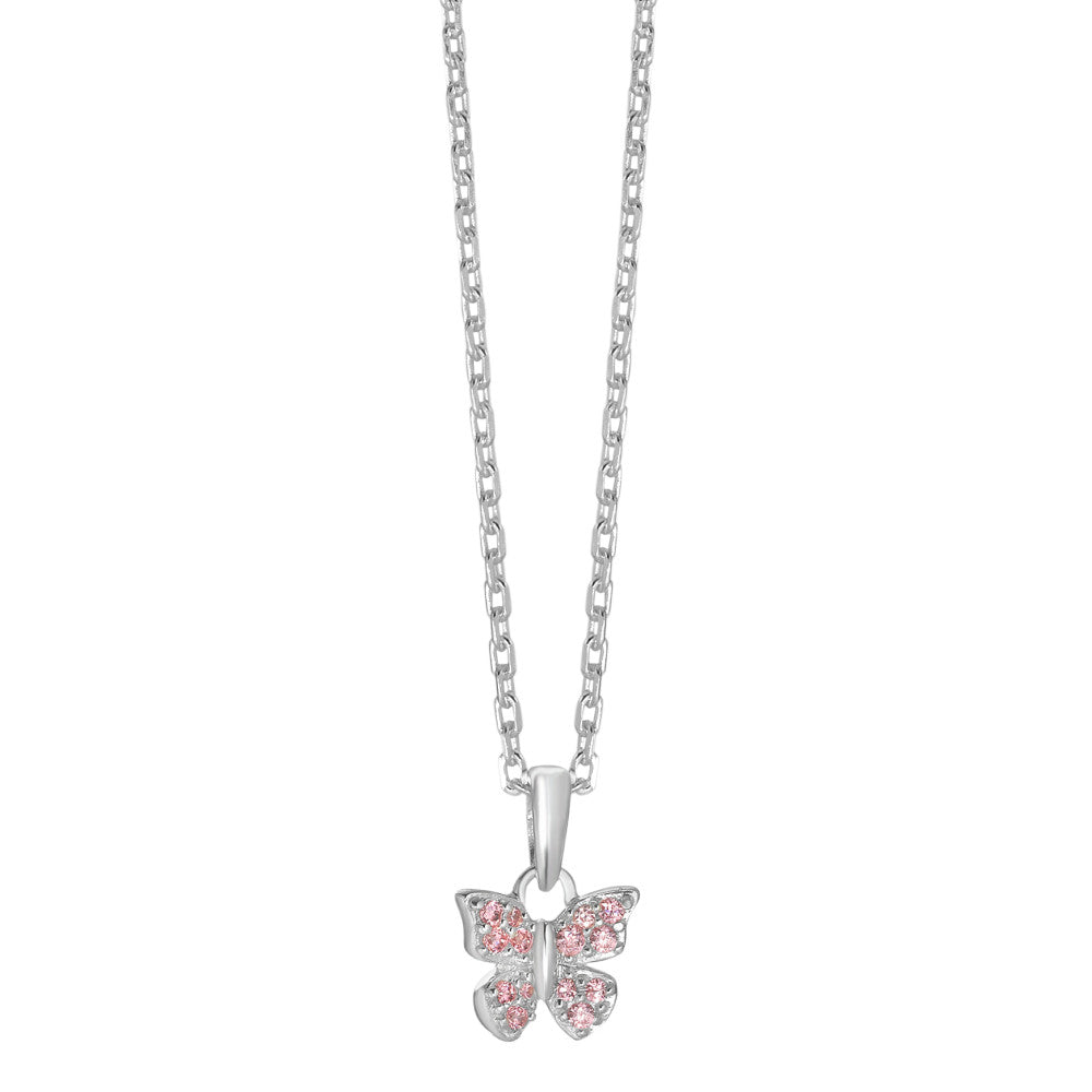 Halskette mit Anhänger Silber Zirkonia rosa, 14 Steine Schmetterling verstellbar Ø9 mm