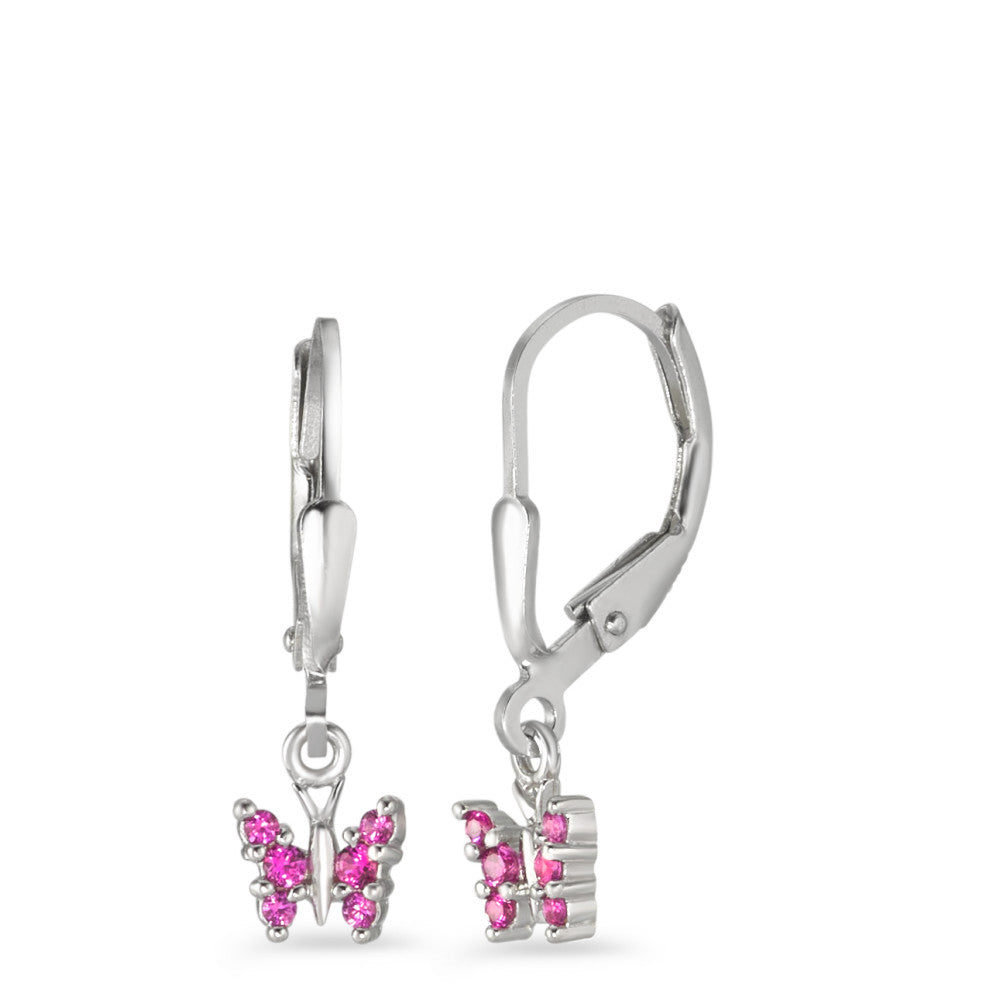 Pendant d'oreilles Argent Zircone rose, 6 Pierres Rhodié Papillon