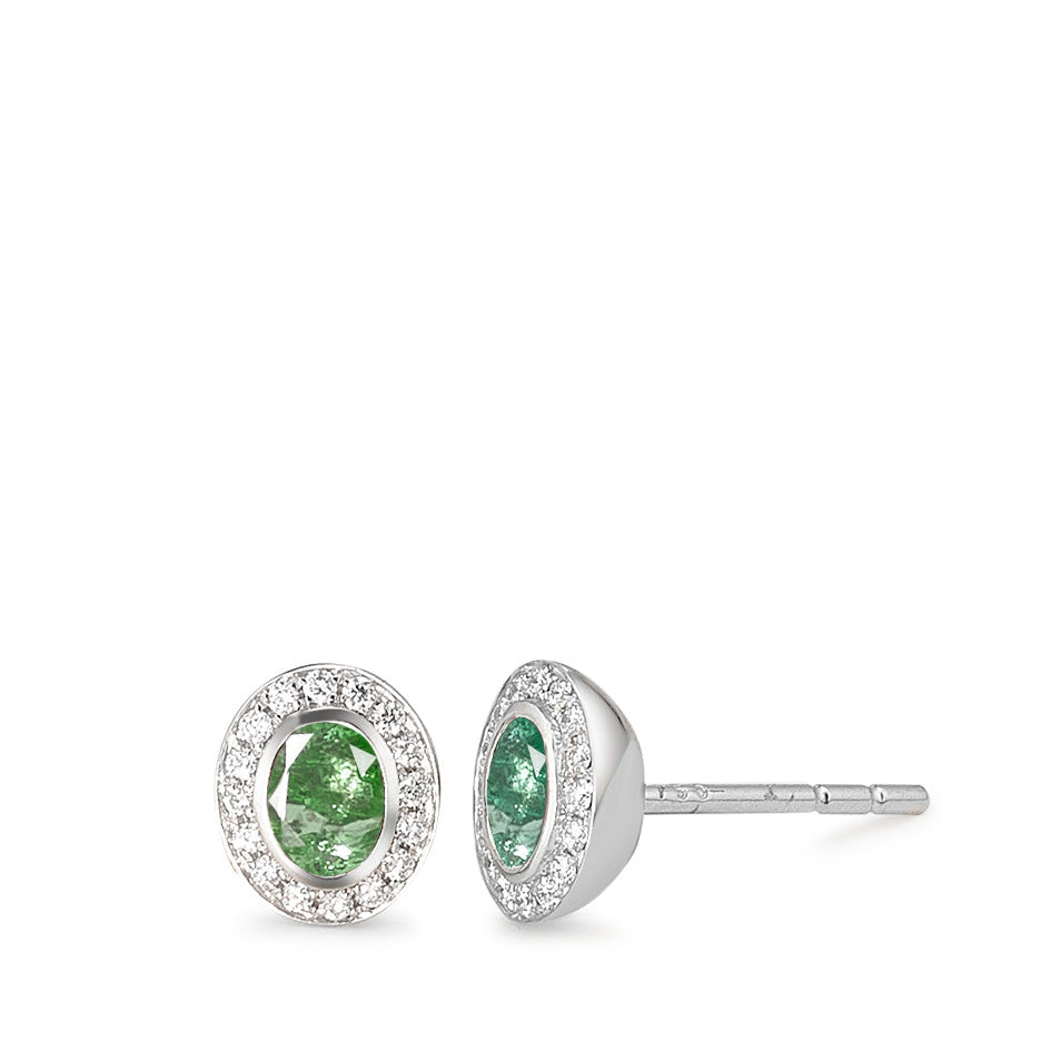 Clous d'oreilles Or blanc 18K Diamant 0.08 ct, 34 Pierres, w-si, Émeraude 2 Pierres