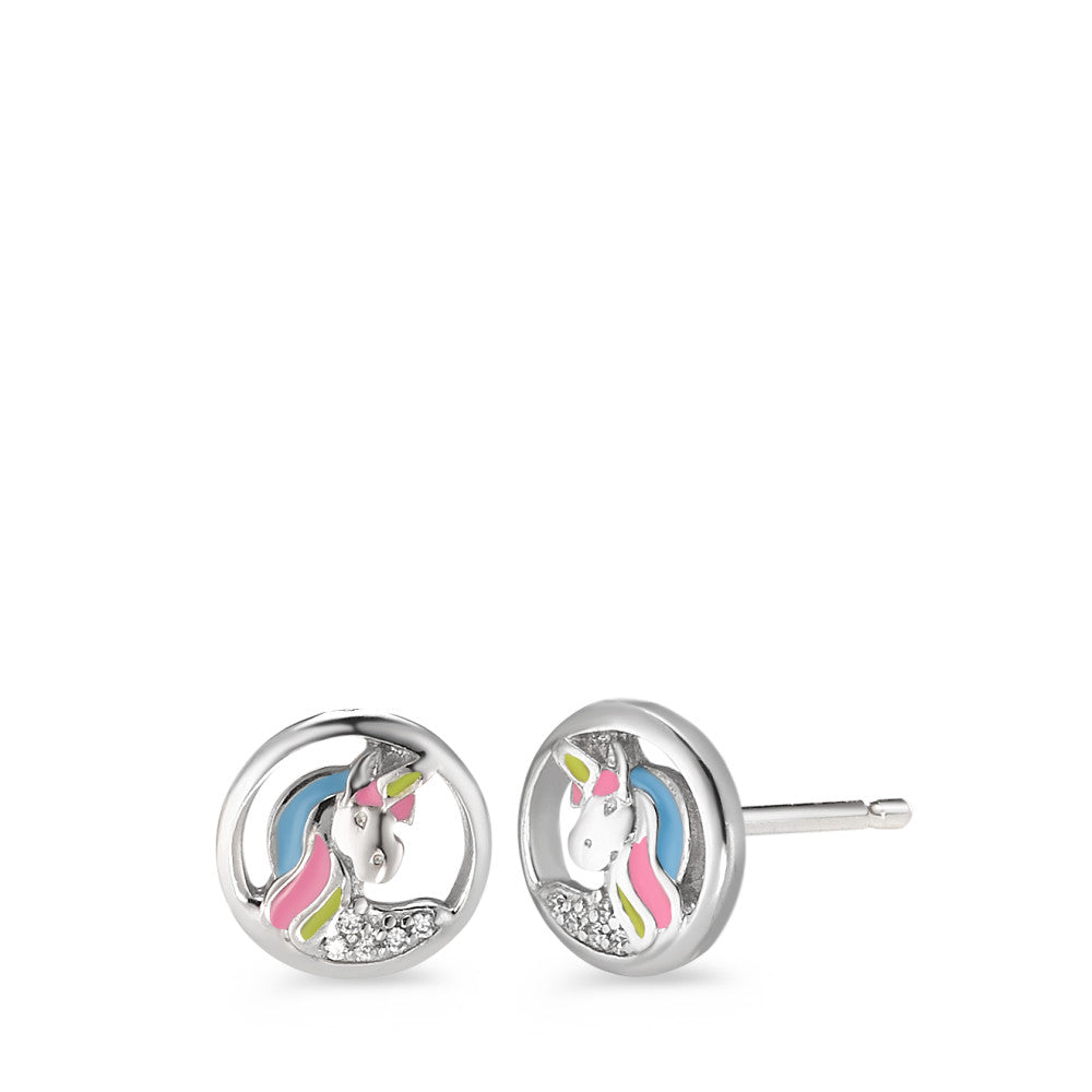 Clous d'oreilles Argent Zircone 10 Pierres Laqué Licorne Ø8.5 mm