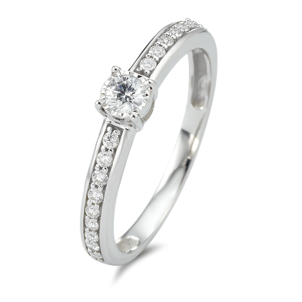 Solitär Ring 375/9 K Weissgold Diamant 0.20 ct, 19 Steine, w-si