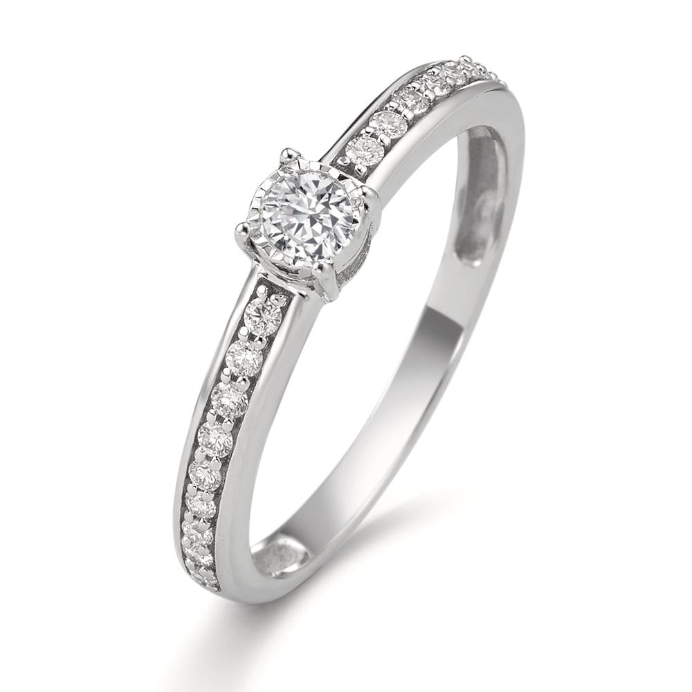 Solitär Ring 375/9 K Weissgold Diamant 0.20 ct, 19 Steine, w-si