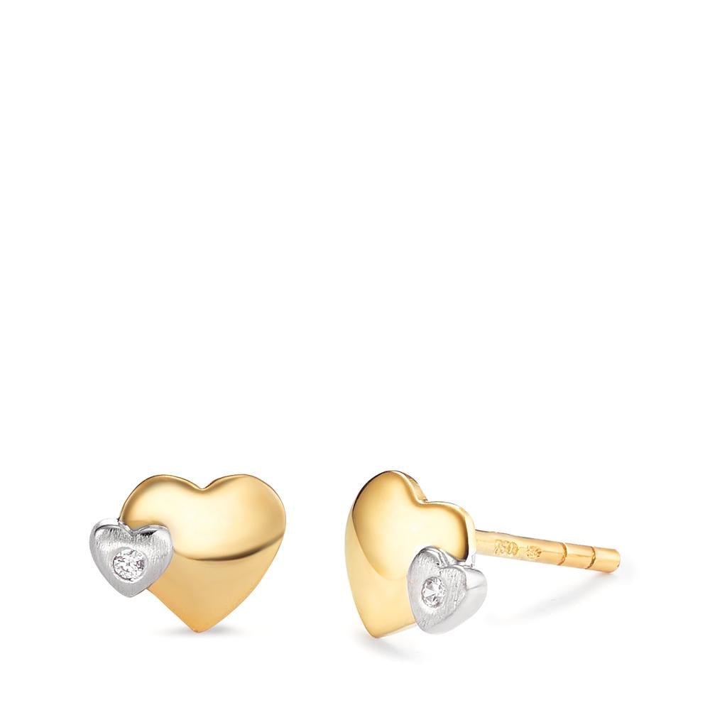 Clous d'oreilles Or jaune 18K Zircone 2 Pierres Bicolore Coeur Ø5.5 mm