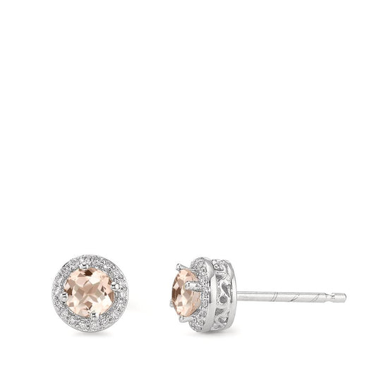 Clous d'oreilles Or blanc 9K Morganite cognac, 0.54 ct, 2 Pierres, rond, Diamant blanc, 0.12 ct, 36 Pierres, w-pi3 Ø6.5 mm