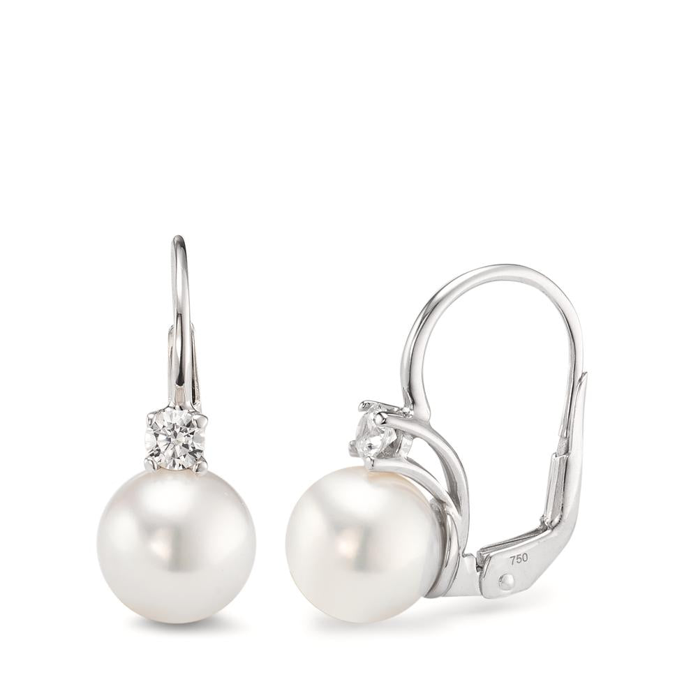 Pendant d'oreilles Or blanc 18K Zircone 2 Pierres perle d'eau douce