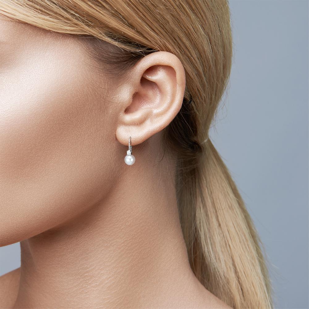 Pendant d'oreilles Or blanc 18K Zircone 2 Pierres perle d'eau douce