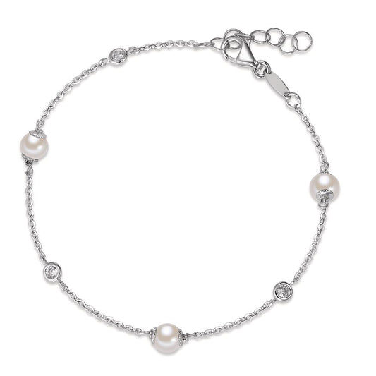 Bracelet Or blanc 18K Zircone 3 Pierres perle d'eau douce 16-18 cm