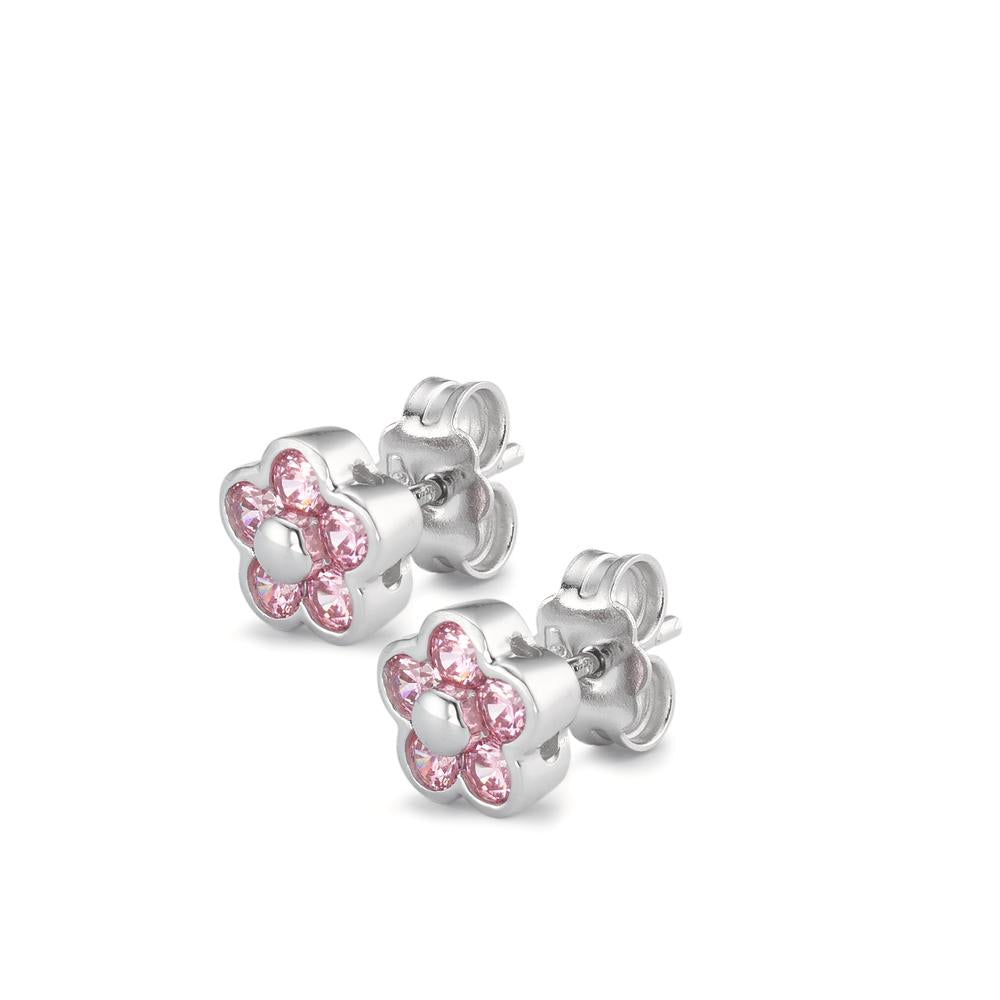 Clous d'oreilles Or blanc 18K Zircone rose, 10 Pierres Fleur Ø7 mm