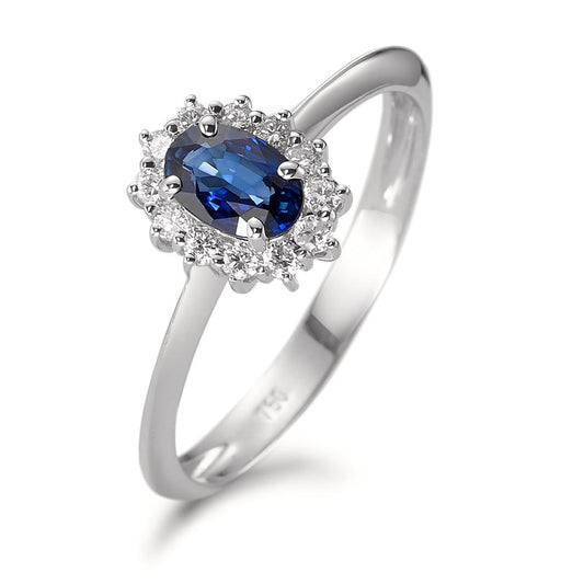 Ring 750/18K krt witgoud Saffier blauw, [oval], Diamant wit, 0.18 ct, 12 Steen, w-pi1