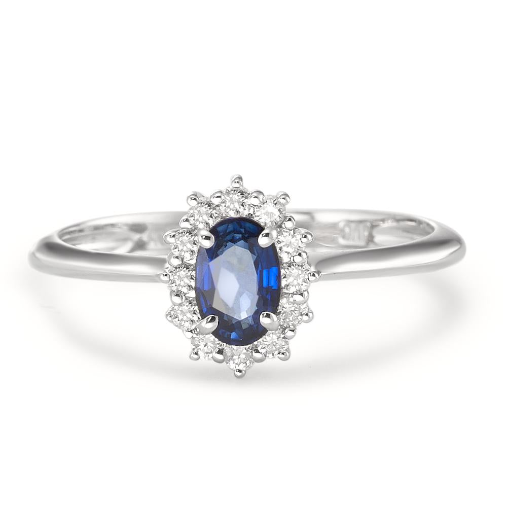 Fingerring 750/18 K Weissgold Saphir blau, oval, Diamant weiss, 0.18 ct, 12 Steine, w-pi1