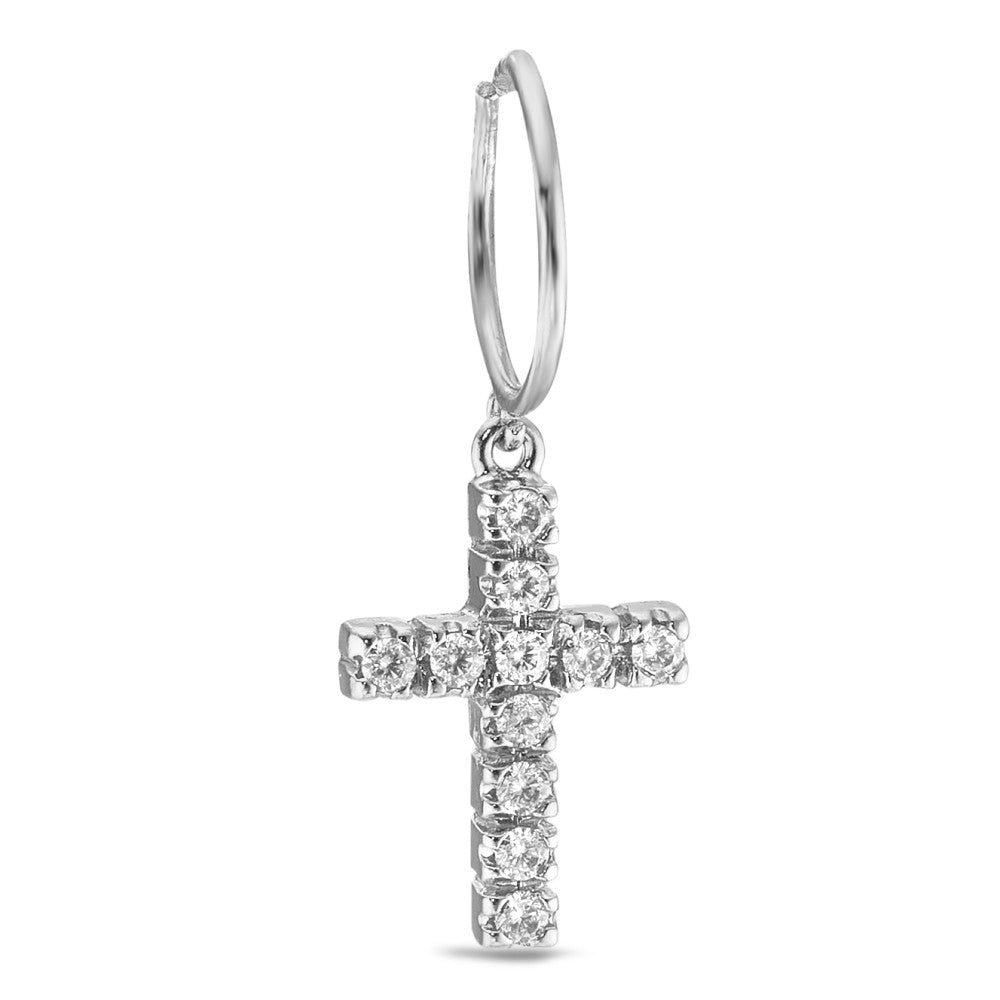 Créole avec pendentif Or blanc 18K Zircone 11 Pierres Croix