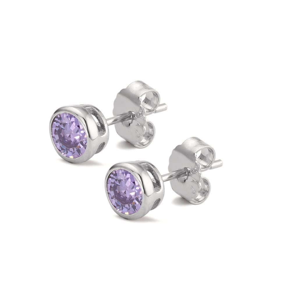 Clous d'oreilles Argent Zircone pourpre, 2 Pierres Rhodié Ø6 mm