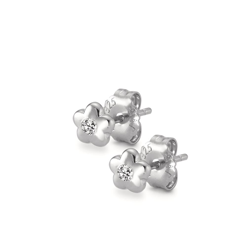 Clous d'oreilles Argent Zircone 2 Pierres Rhodié Fleur Ø5.5 mm