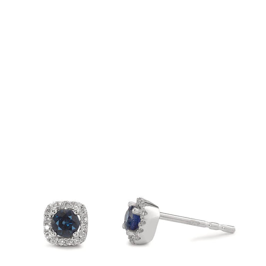 Clous d'oreilles Or blanc 18K Saphir bleu, 2 Pierres, Diamant blanc, 0.10 ct, 24 Pierres, w-si Ø5 mm