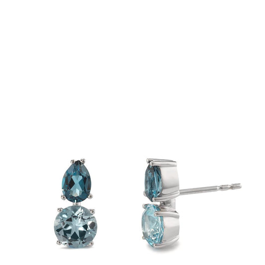 Clous d'oreilles Or blanc 18K Topaze London Blue 4 Pierres