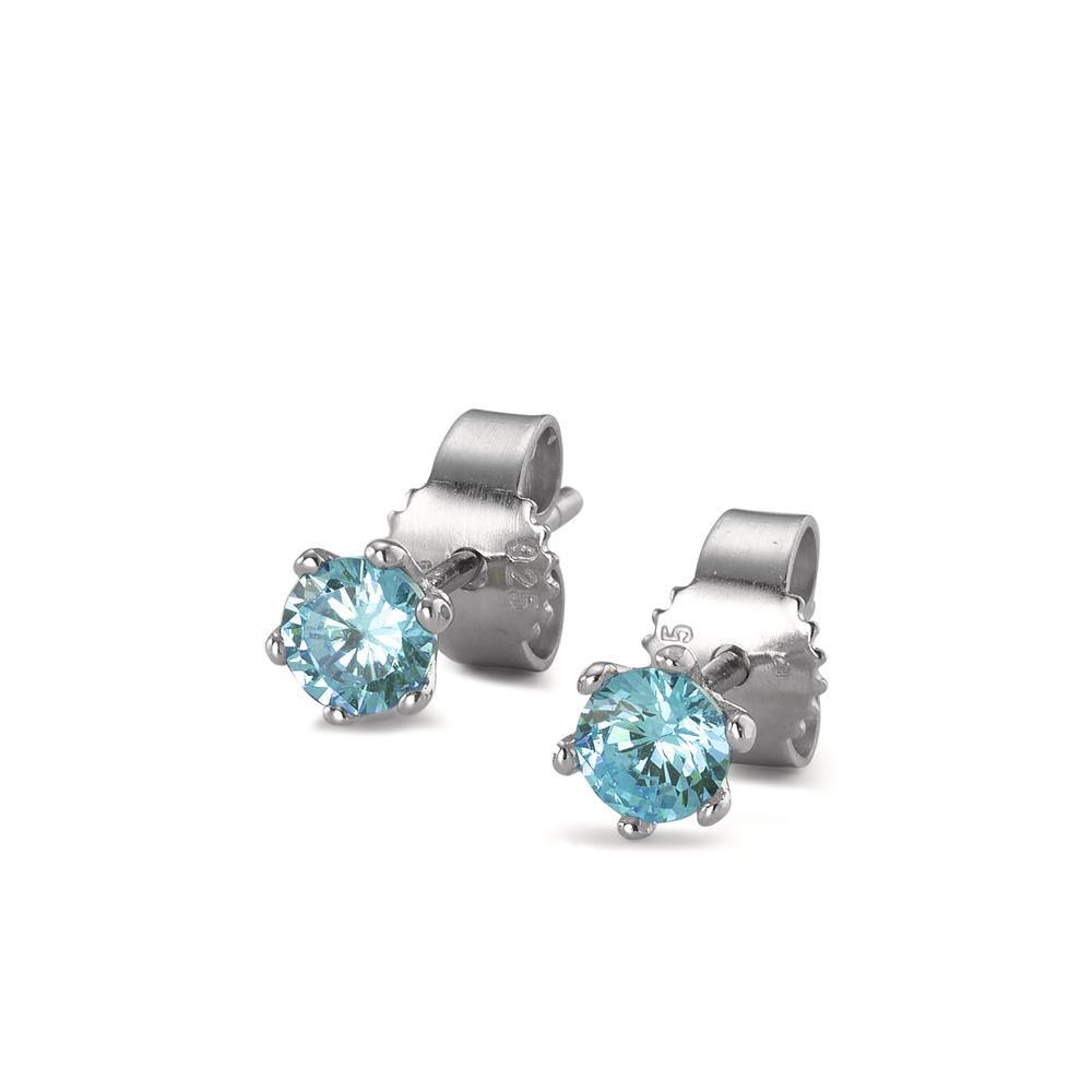 Clous d'oreilles Argent Zircone aqua, 2 Pierres Rhodié Ø4.5 mm