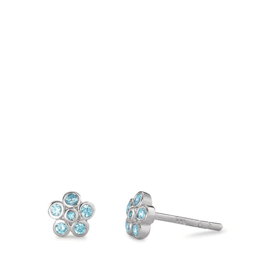 Ohrstecker Silber Zirkonia aqua, 12 Steine rhodiniert Blume Ø6 mm