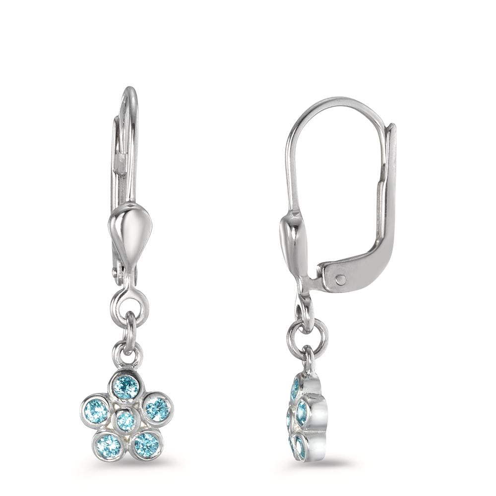 Pendant d'oreilles Argent Zircone aqua, 12 Pierres Rhodié Fleur Ø6 mm