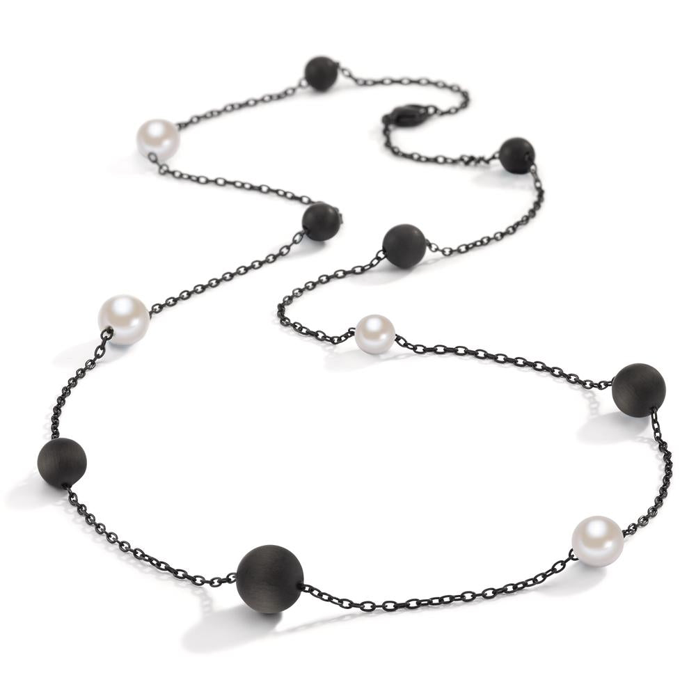 Collier Acier inoxydable, Aluminium noir PVD perle de culture 70 cm Ø8 mm