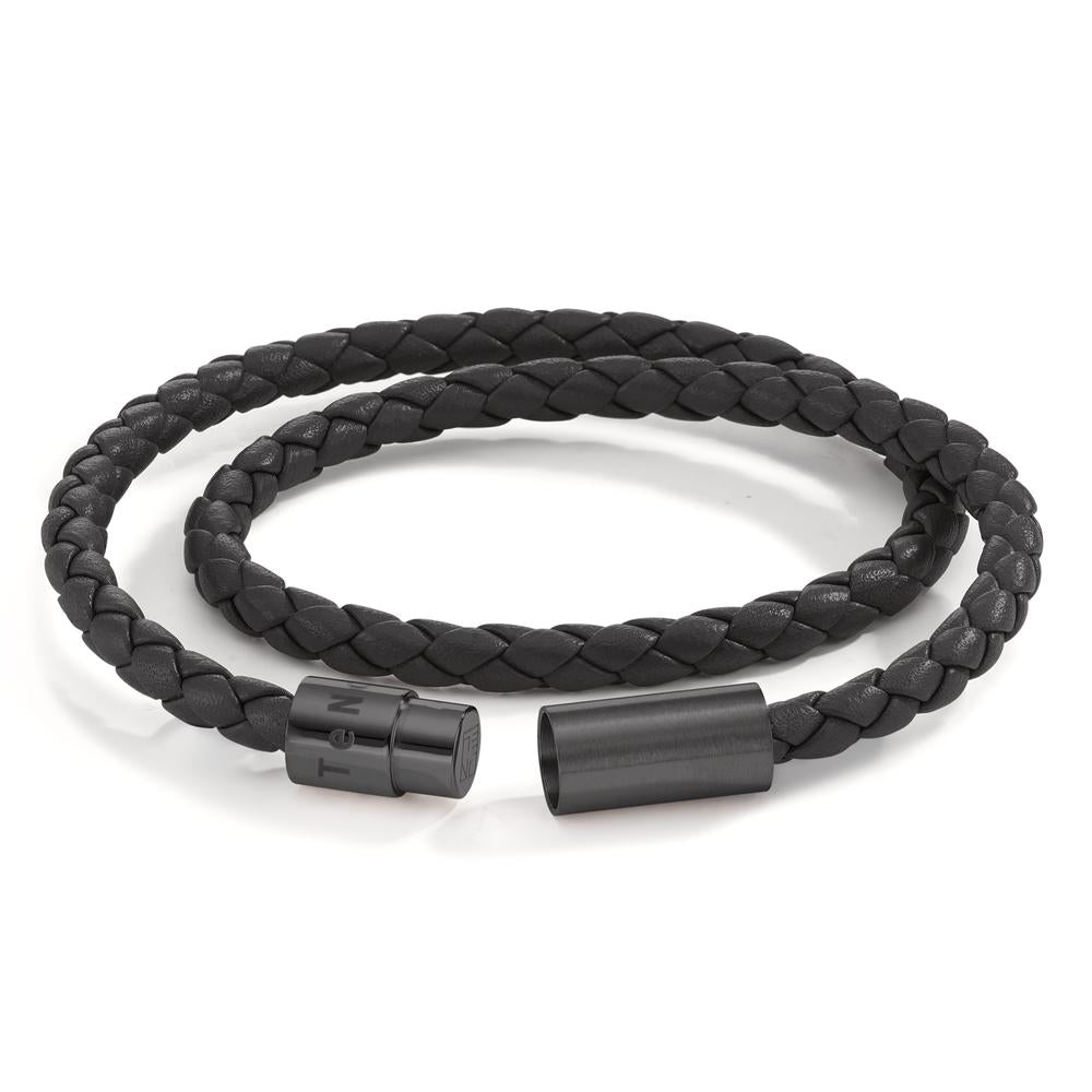 Armband Leder, Roestvrijstaal Zwart IP-gecoat 23 cm