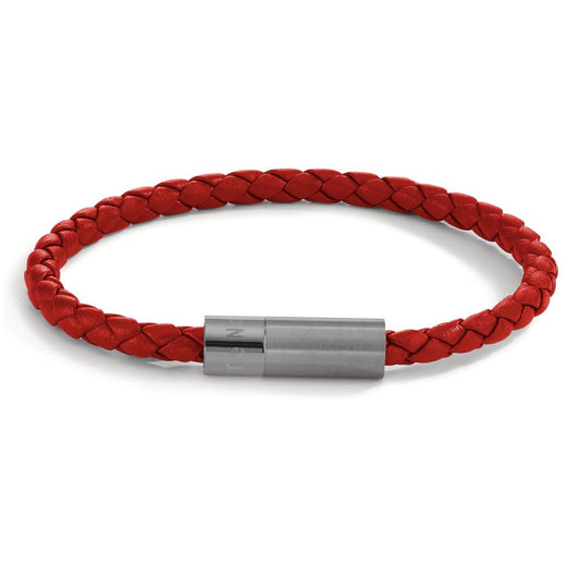 Lederarmband Heritage Lava Grey aus Edelstahl, Flechtleder rot