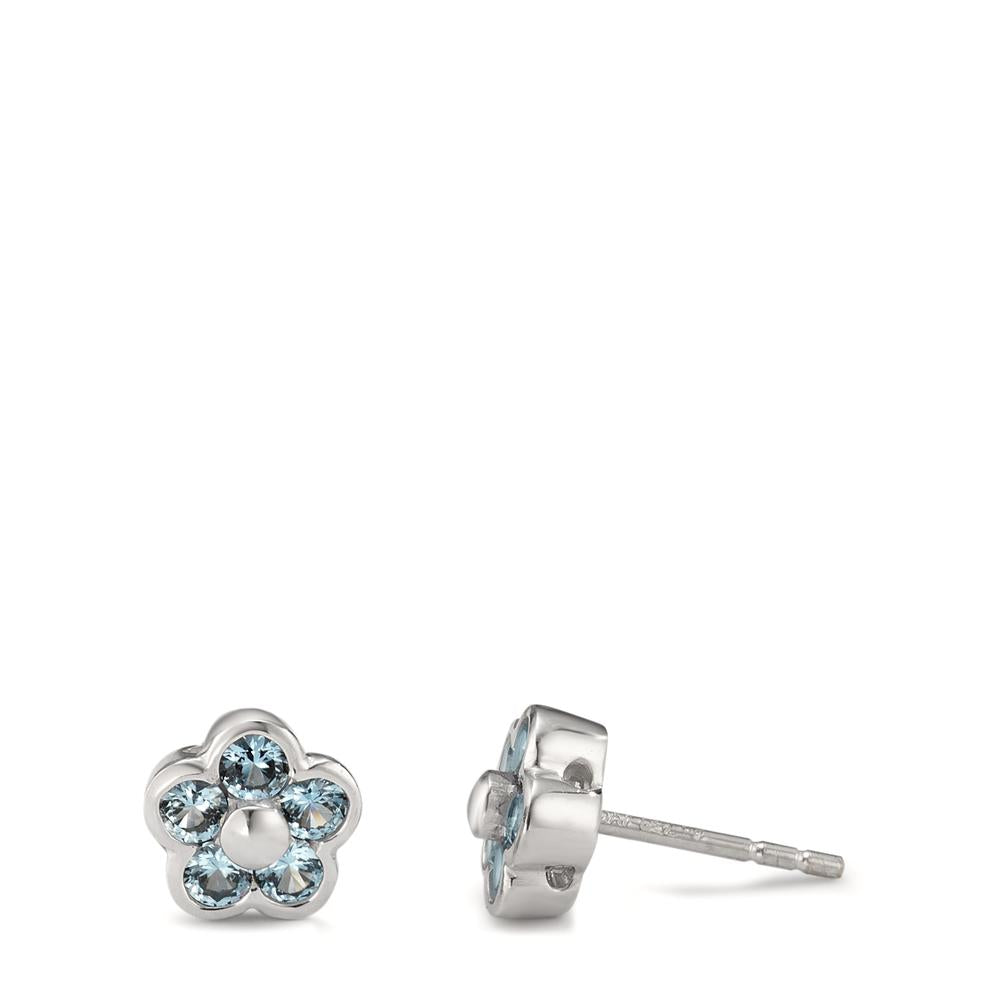 Clous d'oreilles Or blanc 18K Zircone bleu clair, 10 Pierres Fleur Ø7 mm