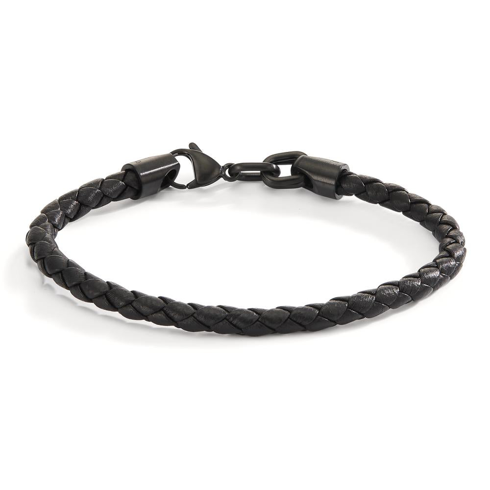 Armband Roestvrijstaal, Leder Zwart IP-gecoat 19 cm Ø5 mm