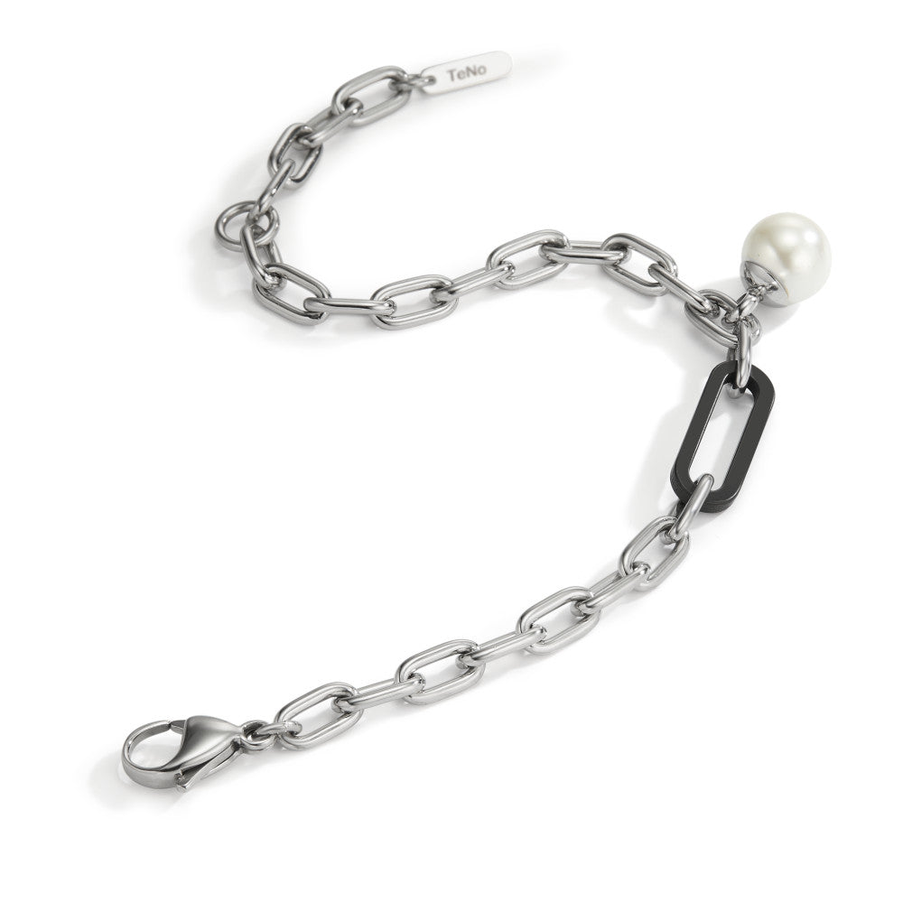 Armband Soho Pearl Drop Silver aus Edelstahl mit Carbon und Muschelperle, bis verstellbar