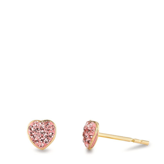 Clous d'oreilles Or jaune 14K Cristal rose, 14 Pierres Coeur Ø4.5 mm