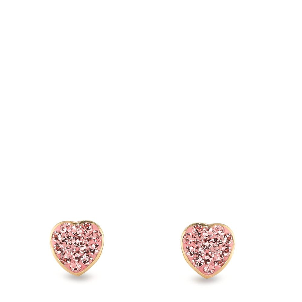 Clous d'oreilles Or jaune 14K Cristal rose, 14 Pierres Coeur Ø4.5 mm